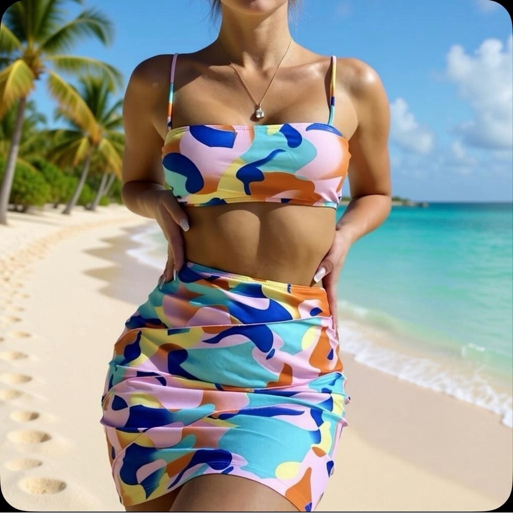 Colorful camo three pieces swimsuit set June sale